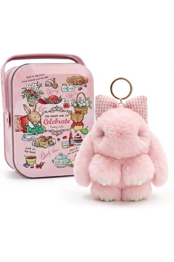 Easter Bunny Keychain with Tin Box, BunnyCute Plush Key chain, Fluffy Handmade Soft Plush Rabbit Charm Basket Gift