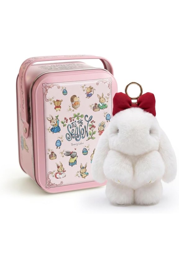 Easter Bunny Keychain with Tin Box, BunnyCute Plush Key chain, Fluffy Handmade Soft Plush Rabbit Charm Basket Gift