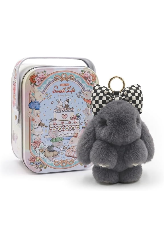 Easter Bunny Keychain with Tin Box, BunnyCute Plush Key chain, Fluffy Handmade Soft Plush Rabbit Charm Basket Gift