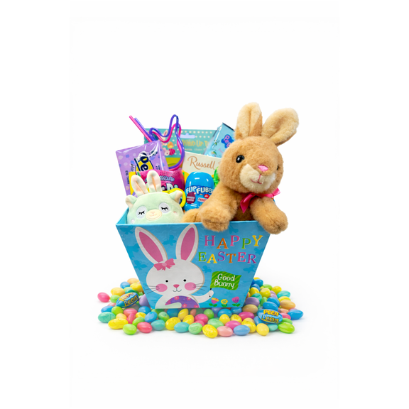 Easter Bunny Kids Gift Basket - Prefilled Variety of Candy Stuffers and Plush Toy (10 Inch)