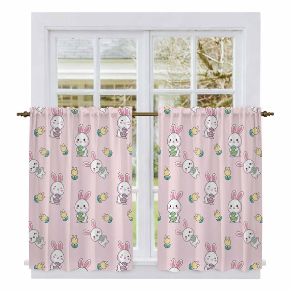 Easter Bunny Kitchen Curtains 45 Inch Length, Cute Rabbits Eggs Spring Tulips Country Pink Tiers Curtains for Bathroom Bedroom Cafe, Light Filtering Small Window Treatment Drapes 2 Panels 42"Wx45"L