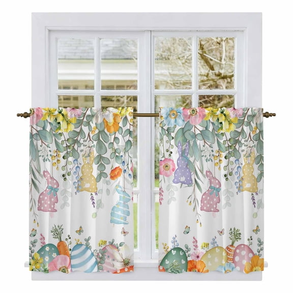Easter Bunny Kitchen Curtains 45 Inch Length, Eucalyptus Leaves Spring Easter Eggs Country Tiers Curtains for Bathroom Bedroom Cafe, Light Filtering Small Window Treatment Drapes 2 Panels 42"Wx45"L