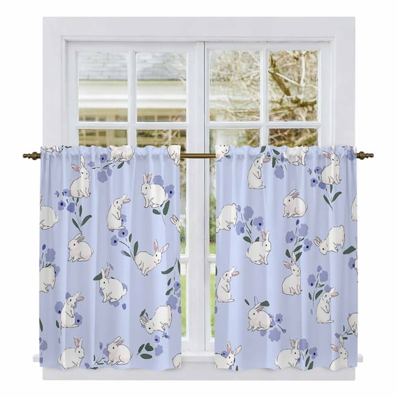 Easter Bunny Kitchen Curtains 45 Inch Length, Spring Purple Flower Rustic Rabbit Blue Tiers Curtains for Bathroom Bedroom Cafe, Light Filtering Small Window Treatment Short Drapes 2 Panels 42"Wx45"L