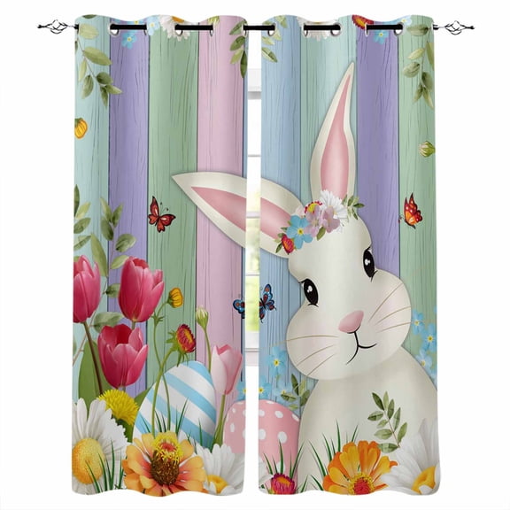 Easter Bunny Kitchen Curtains Farmhouse Watercolor Eggs Tulip Wood Grain Cafe Short Curtains for Bathroom Blackout Window Curtain Small Window Treatment Drapes for Bedroom Living Room 27.5"x39"x2