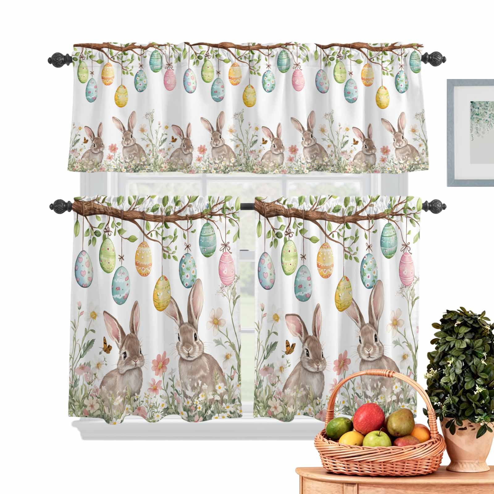 Curated visual reference: Visual Reference: Easter Bunny Kitchen Curtains Valances 3 Piece Set Colorful Eggs