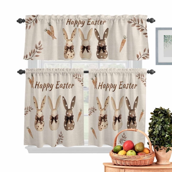Easter Bunny Kitchen Curtains Valances 3 Piece Set, Rod Pocket Tier Curtain and Valance Drapes for Small Window 24 Inch Length for Bedroom Cafe
