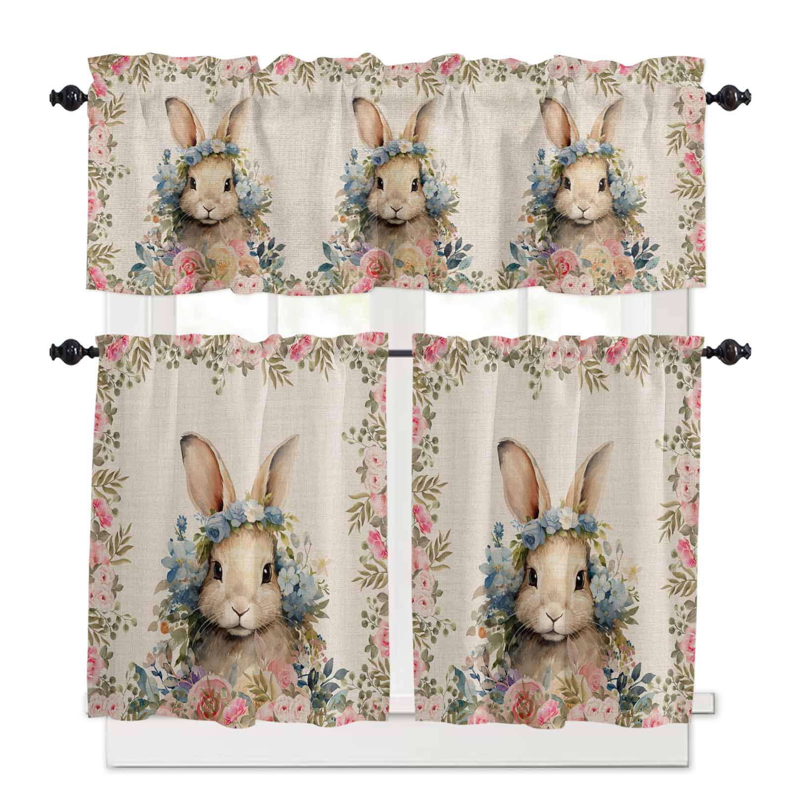 Easter Bunny Kitchen Curtains Valances and Tiers Set of 3 Rabbits with ...