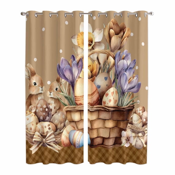 Easter Bunny Kitchen Curtains Window Panels, Brown Eggs Flowers Rabbits Vintage Dots Plaid Insulated Window Treatment Curtain, Grommet Curtains for Bedroom/Living Room/Bathroom, 2 Piece 42"Wx84"L