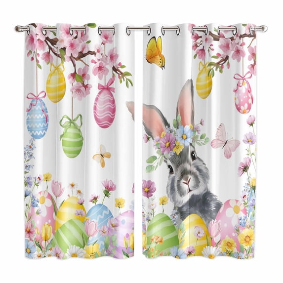 Easter Bunny Kitchen Curtains Window Panels, Colorful Easter Eggs Spring Pink Peach Flowers Insulated Window Treatment Curtain, Grommet Curtains for Bedroom/Living Room/Bathroom, 2 Piece 52"Wx84"L