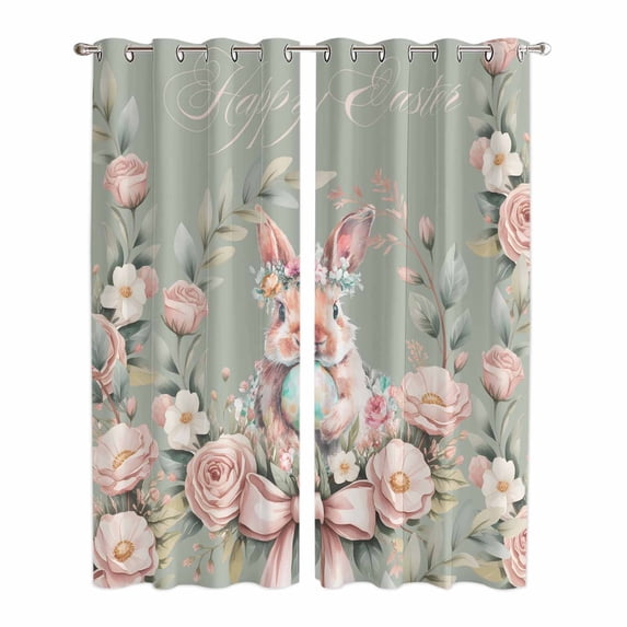 Easter Bunny Kitchen Curtains Window Panels, Cute Rabbit Rose Floral Country Leaves Plants Green Insulated Window Treatment Curtain, Grommet Curtains for Bedroom/Living Room, 2 Piece 42"Wx84"L
