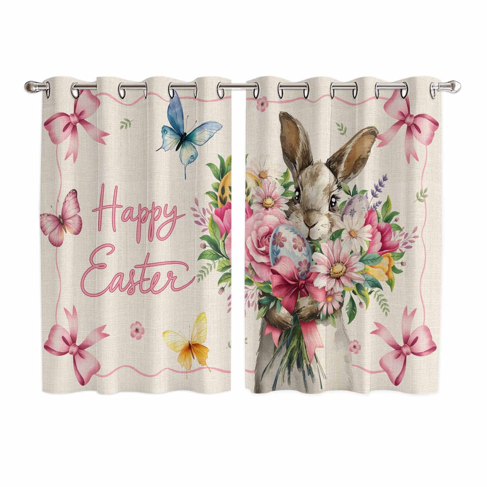 Easter Bunny Kitchen Curtains Window Panels, Cute Rabbits Spring Daisy ...