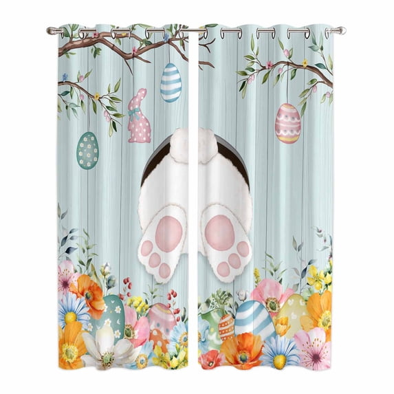 Easter Bunny Kitchen Curtains Window Panels, Easter Eggs Spring Farmhouse Wood Grain Teal Blue Insulated Window Treatment Curtain, Grommet Curtains for Bedroom/Living Room/Bathroom, 2 Piece 42"Wx84"L