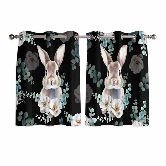Easter Bunny Kitchen Curtains Window Panels, Green Eucalyptus Leaves Spring Flowers Black Insulated Window Treatment Curtain, Grommet Curtains for Bedroom/Living Room/Bathroom, 2 Piece 42"Wx45"L