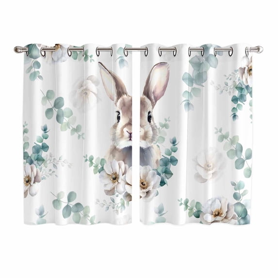 Easter Bunny Kitchen Curtains Window Panels, Green Eucalyptus Leaves Spring Flowers Country Insulated Window Treatment Curtain, Grommet Curtains for Bedroom/Living Room/Bathroom, 2 Piece 52"Wx72"L