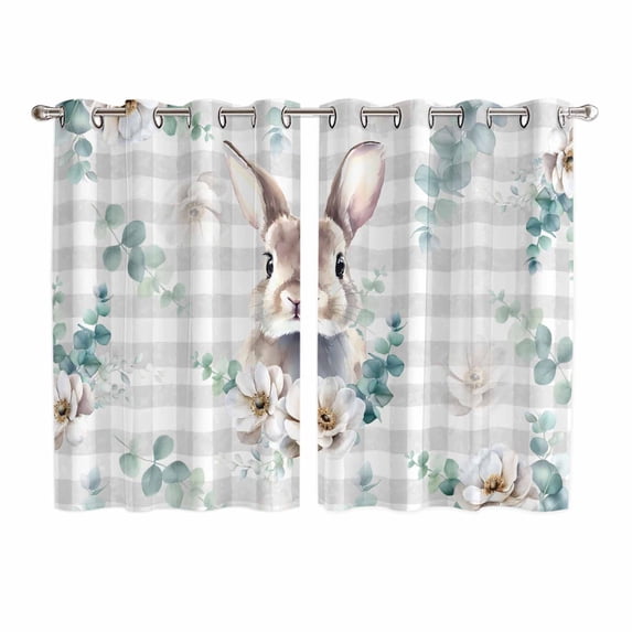 Easter Bunny Kitchen Curtains Window Panels, Green Eucalyptus Leaves Spring Flowers Grey Plaid Insulated Window Treatment Curtain, Grommet Curtains for Bedroom/Living Room/Bathroom, 2 Piece 52"Wx72"L