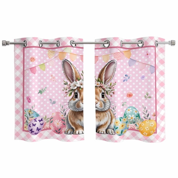 Easter Bunny Kitchen Curtains Window Panels, Pink Polka Dot Colorful Eggs Checkered Plaid Insulated Window Treatment Curtain, Grommet Curtains for Bedroom/Living Room/Bathroom, 2 Piece 27.5"Wx39"L