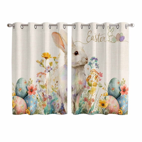 Easter Bunny Kitchen Curtains Window Panels, Rabbit Spring Flowers Leaves Vintage Rustic Plants Insulated Window Treatment Curtain, Grommet Curtains for Bedroom/Living Room, 2 Piece 52"Wx63"L
