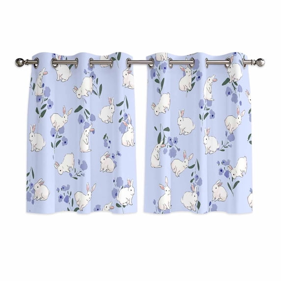 Easter Bunny Kitchen Curtains Window Panels, Spring Purple Flower Rustic Rabbit Blue Insulated Window Treatment Curtain, Grommet Curtains for Bedroom/Living Room/Bathroom, 2 Piece 42"Wx54"L