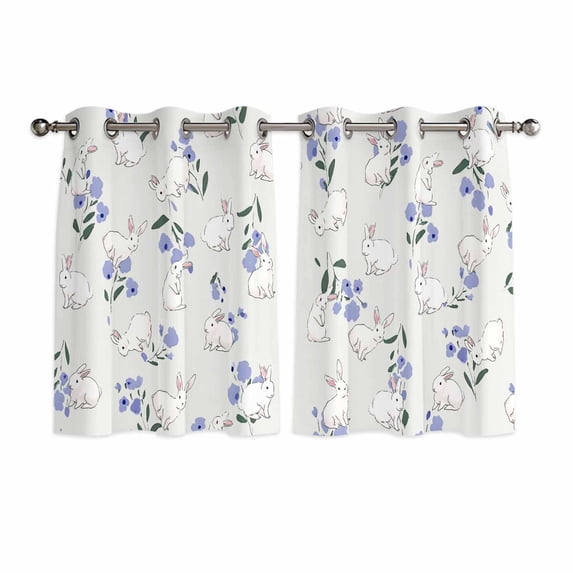 Easter Bunny Kitchen Curtains Window Panels, Spring Purple Flower Rustic Rabbit Farmhouse Insulated Window Treatment Curtain, Grommet Curtains for Bedroom/Living Room/Bathroom, 2 Piece 42"Wx45"L