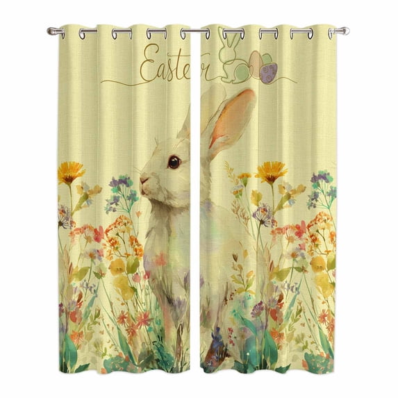 Easter Bunny Kitchen Curtains Window Panels, Yellow Rabbit Spring Flowers Leaves Rustic Plants Insulated Window Treatment Curtain, Grommet Curtains for Bedroom/Living Room/Bathroom, 2 Piece 42"Wx84"L