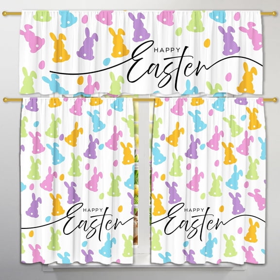 Easter Bunny Kitchen Curtains for Windows, Happy Easter Kitchen Decor Curtains and Valances Set Farmhouse, Rod Pocket 2 Panels (27x24) + Tier (54x18) Tier Set for Living Room
