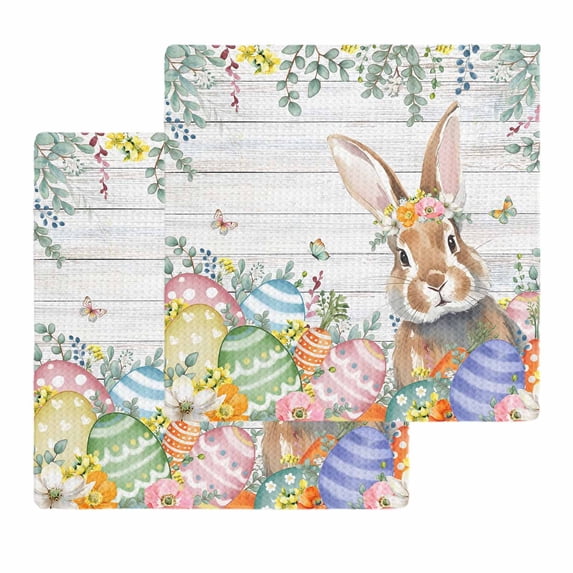 Easter Bunny Kitchen Dish Towels for Drying Dishes Set of 2, Colorful Easter Eggs Eucalyptus Grey Wooden Waffle Weave Microfiber Hand Tea Bathroom Towels Quick Dry & Absorbent Towel 12x12