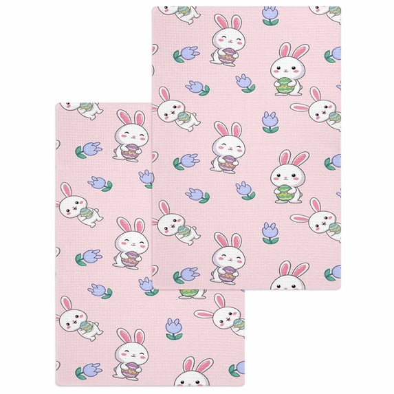 Easter Bunny Kitchen Dish Towels for Drying Dishes Set of 2, Cute Rabbits Eggs Tulips Flowers Rustic Pink Waffle Weave Microfiber Hand Tea Bathroom Towels Quick Dry & Absorbent Towel 15.7x23.6