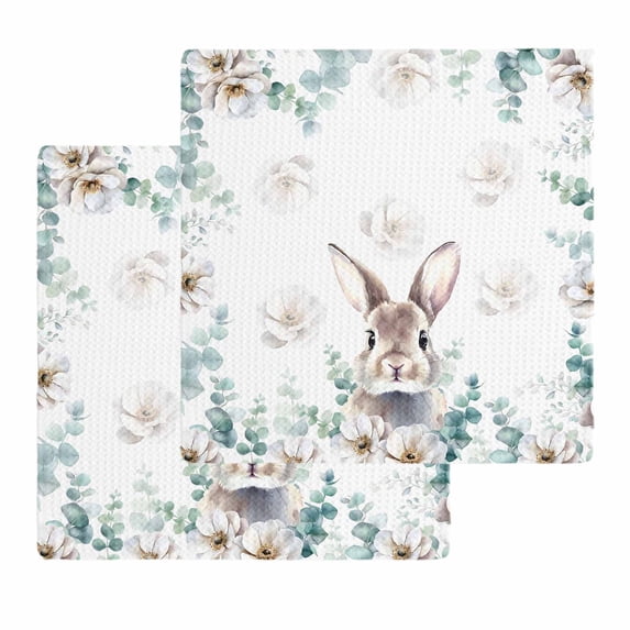 Easter Bunny Kitchen Dish Towels for Drying Dishes Set of 2, Eucalyptus Leaves Cute Rabbit White Flowers Waffle Weave Microfiber Hand Tea Bathroom Towels Quick Dry & Absorbent Towel 12x12
