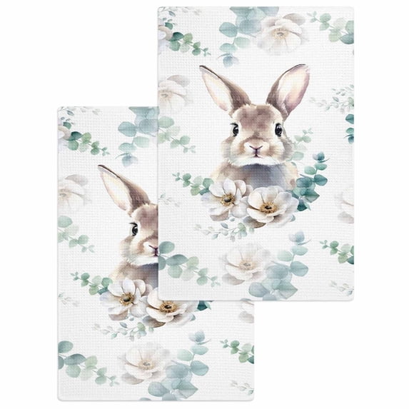 Easter Bunny Kitchen Dish Towels for Drying Dishes Set of 2, Green Eucalyptus Leaves Spring Flowers Country Waffle Weave Microfiber Hand Tea Bathroom Towels Quick Dry & Absorbent Towel 15.7x23.6