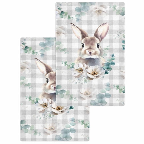 Easter Bunny Kitchen Dish Towels for Drying Dishes Set of 2, Green Eucalyptus Leaves Spring Flowers Grey Plaid Waffle Weave Microfiber Hand Tea Bathroom Towels Quick Dry & Absorbent Towel 15.7x23.6