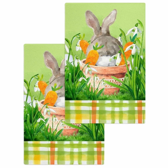Easter Bunny Kitchen Dish Towels for Drying Dishes Set of 2, Spring Green Garden Floral Botanical Plaid Waffle Weave Microfiber Hand Tea Bathroom Towels Quick Dry & Absorbent Towel 15.7x23.6