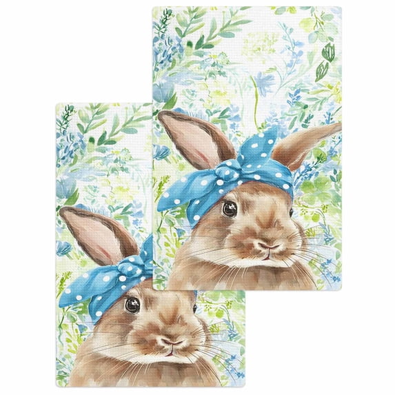 Easter Bunny Kitchen Dish Towels for Drying Dishes Set of 2, Spring Green Leaves Scarf Rabbit Botanical Waffle Weave Microfiber Hand Tea Bathroom Towels Quick Dry & Absorbent Towel 15.7x23.6