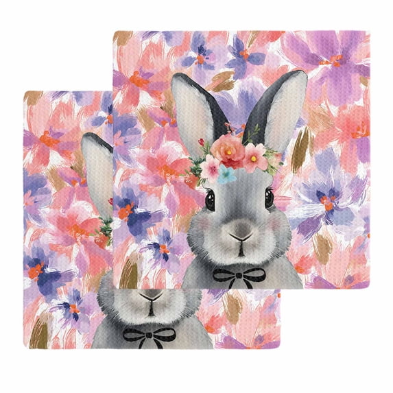 Easter Bunny Kitchen Dish Towels for Drying Dishes Set of 2, Spring Pink Flowers Rabbit Pastoral Botanical Waffle Weave Microfiber Hand Tea Bathroom Towels Quick Dry & Absorbent Towel 12x12
