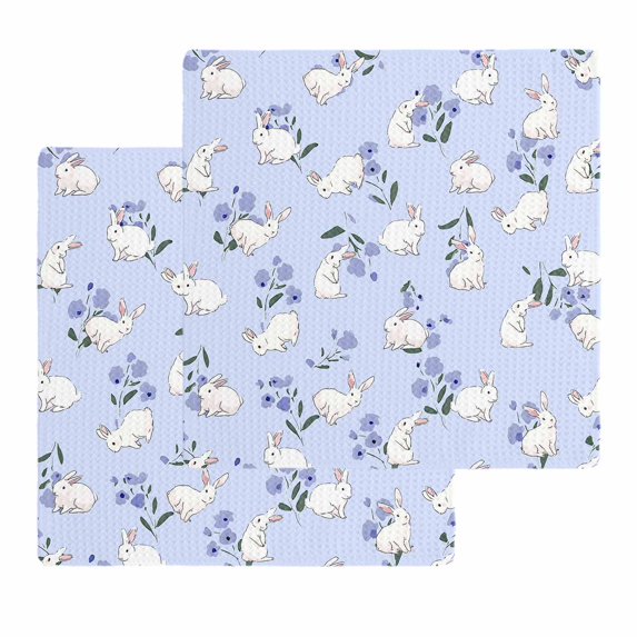 Easter Bunny Kitchen Dish Towels for Drying Dishes Set of 2, Spring Purple Flower Rustic Rabbit Blue Waffle Weave Microfiber Hand Tea Bathroom Towels Quick Dry & Absorbent Towel 12x12