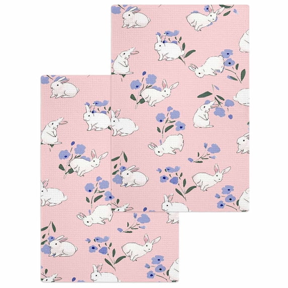 Easter Bunny Kitchen Dish Towels for Drying Dishes Set of 2, Spring Purple Flower Rustic Rabbit Pink Waffle Weave Microfiber Hand Tea Bathroom Towels Quick Dry & Absorbent Towel 15.7x23.6