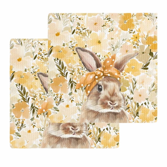 Easter Bunny Kitchen Dish Towels for Drying Dishes Set of 2, Spring Yellow Floral Rabbit Scarf Botanical Waffle Weave Microfiber Hand Tea Bathroom Towels Quick Dry & Absorbent Towel 12x12