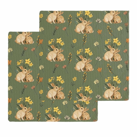 Easter Bunny Kitchen Dish Towels for Drying Dishes Set of 2, Spring Yellow Flowers Country Plants Green Waffle Weave Microfiber Hand Tea Bathroom Towels Quick Dry & Absorbent Towel 12x12