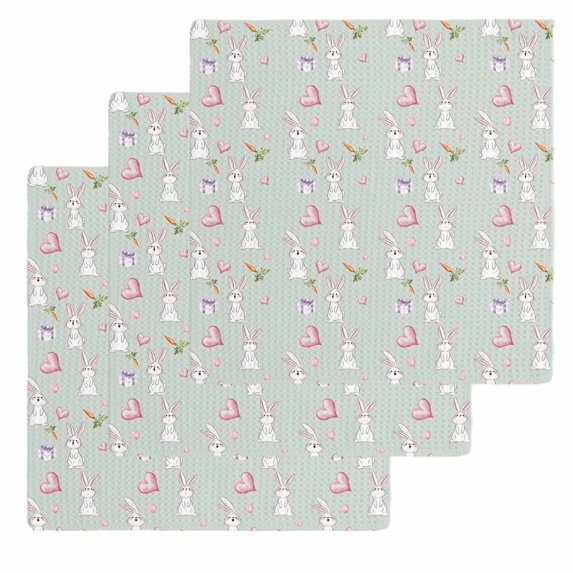Easter Bunny Kitchen Dish Towels for Drying Dishes Set of 3, Carrots Cute Rabbit Pink Love Heart Grey Green Waffle Weave Microfiber Hand Tea Bathroom Towels Quick Dry & Absorbent Towel 12x12