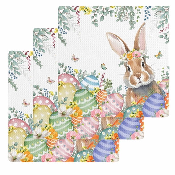 Easter Bunny Kitchen Dish Towels for Drying Dishes Set of 3, Colorful Easter Eggs Eucalyptus Leaves Weeping Waffle Weave Microfiber Hand Tea Bathroom Towels Quick Dry & Absorbent Towel 12x12