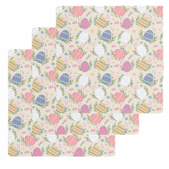 Easter Bunny Kitchen Dish Towels for Drying Dishes Set of 3, Colorful Eggs Spring Leaves Daisy Flowers Waffle Weave Microfiber Hand Tea Bathroom Towels Quick Dry & Absorbent Towel 12x12
