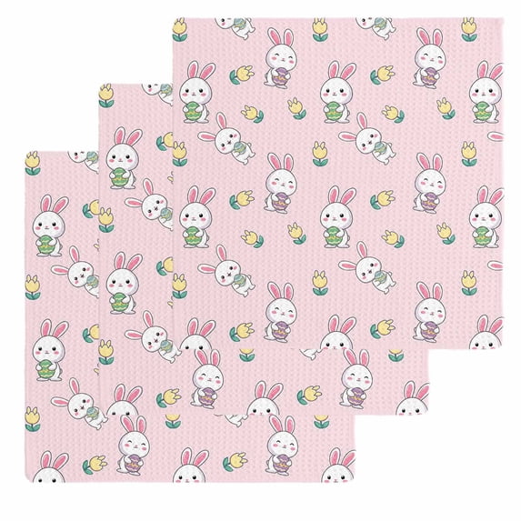 Easter Bunny Kitchen Dish Towels for Drying Dishes Set of 3, Cute Rabbits Eggs Spring Tulips Country Pink Waffle Weave Microfiber Hand Tea Bathroom Towels Quick Dry & Absorbent Towel 12x12