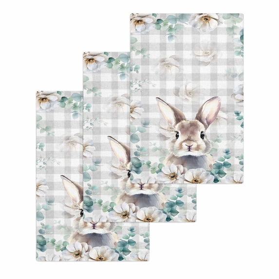 Easter Bunny Kitchen Dish Towels for Drying Dishes Set of 3, Eucalyptus Leaves Rabbit Flowers Grey Plaid Waffle Weave Microfiber Hand Tea Bathroom Towels Quick Dry & Absorbent Towel 15.7x23.6