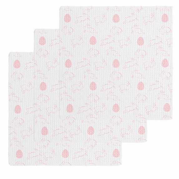 Easter Bunny Kitchen Dish Towels for Drying Dishes Set of 3, Pink Eggs Cute Rabbits Cartoon Waffle Weave Microfiber Hand Tea Bathroom Towels Quick Dry & Absorbent Towel 12x12