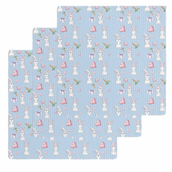 Easter Bunny Kitchen Dish Towels for Drying Dishes Set of 3, Spring Carrots Cute Rabbit Pink Love Heart Blue Waffle Weave Microfiber Hand Tea Bathroom Towels Quick Dry & Absorbent Towel 12x12