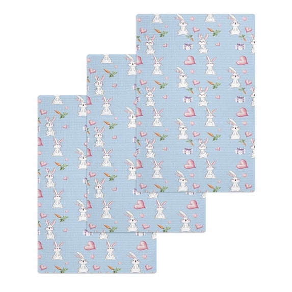 Easter Bunny Kitchen Dish Towels for Drying Dishes Set of 3, Spring Carrots Cute Rabbit Pink Love Heart Blue Waffle Weave Microfiber Hand Tea Bathroom Towels Quick Dry & Absorbent Towel 15.7x23.6