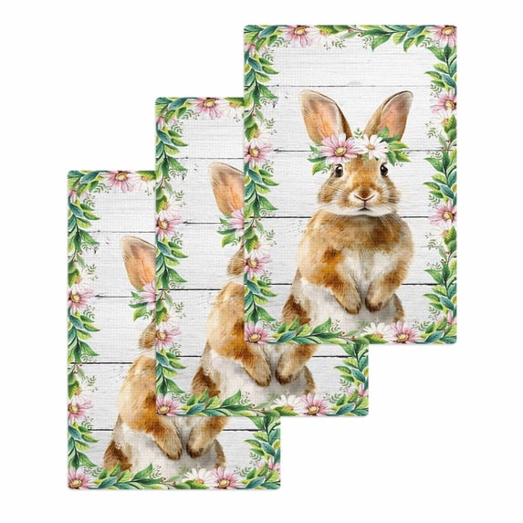 Easter Bunny Kitchen Dish Towels for Drying Dishes Set of 3, Spring Daisy Botanical Leaves Gray Wooden Waffle Weave Microfiber Hand Tea Bathroom Towels Quick Dry & Absorbent Towel 15.7x23.6