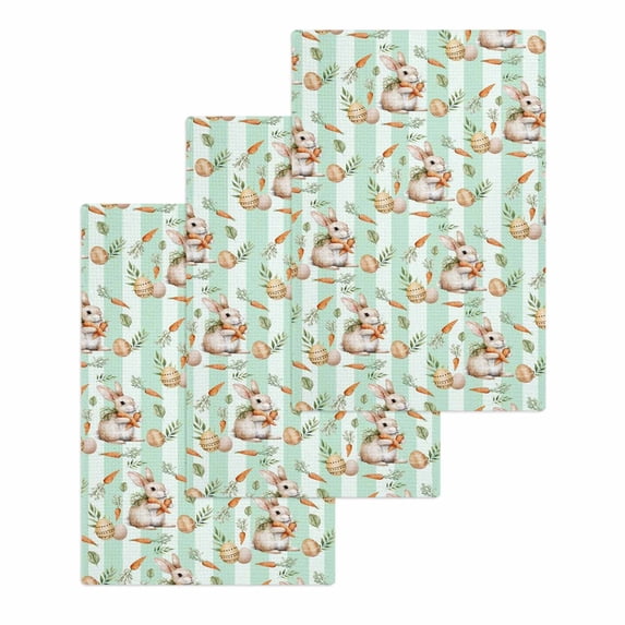 Easter Bunny Kitchen Dish Towels for Drying Dishes Set of 3, Spring Easter Eggs Botanical Green Striped Waffle Weave Microfiber Hand Tea Bathroom Towels Quick Dry & Absorbent Towel 15.7x23.6