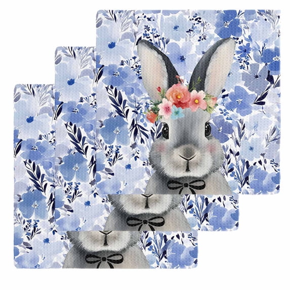 Easter Bunny Kitchen Dish Towels for Drying Dishes Set of 3, Spring Purple Flowers Rabbit Pastoral Plants Waffle Weave Microfiber Hand Tea Bathroom Towels Quick Dry & Absorbent Towel 12x12