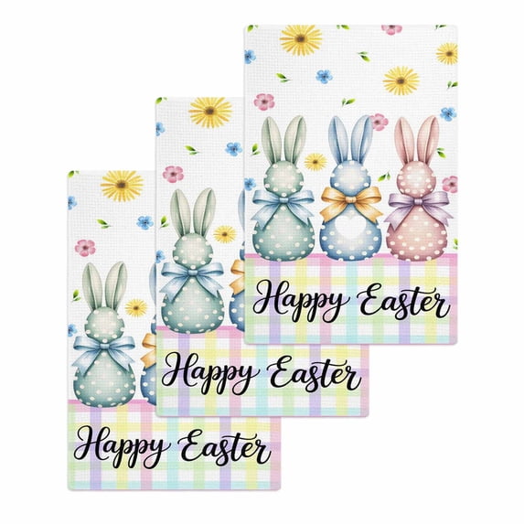 Easter Bunny Kitchen Dish Towels for Drying Dishes Set of 3, Spring Watercolor Polka Dot Flower Plaid Waffle Weave Microfiber Hand Tea Bathroom Towels Quick Dry & Absorbent Towel 15.7x23.6