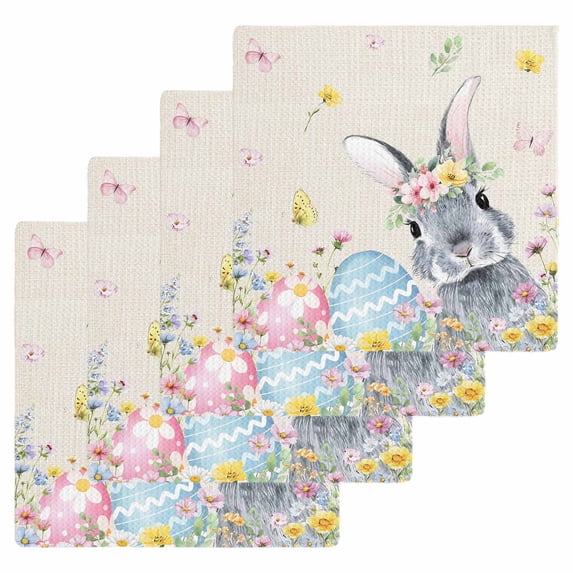 Easter Bunny Kitchen Dish Towels for Drying Dishes Set of 4, Blue Easter Eggs Spring Floral Linen Waffle Weave Microfiber Hand Tea Bathroom Towels Quick Dry & Absorbent Towel 12x12